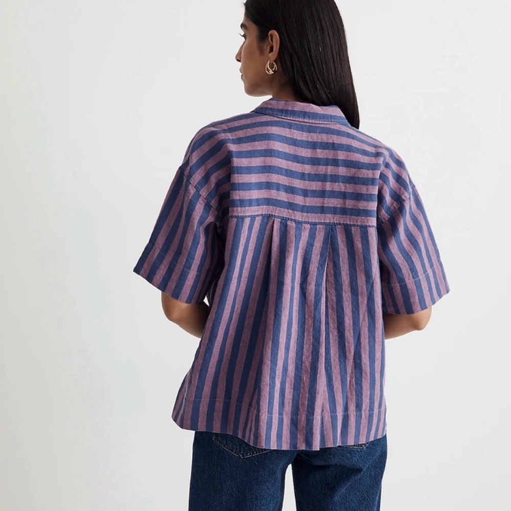 NWOT Madewell 100% Linen Button-Up Camp Shirt in Stripe dusty twilight purple